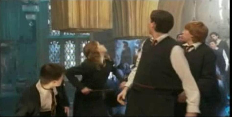 En Harry, l'Hermione, en Neville i en Ron
Mig espantats per alguna cosa...
